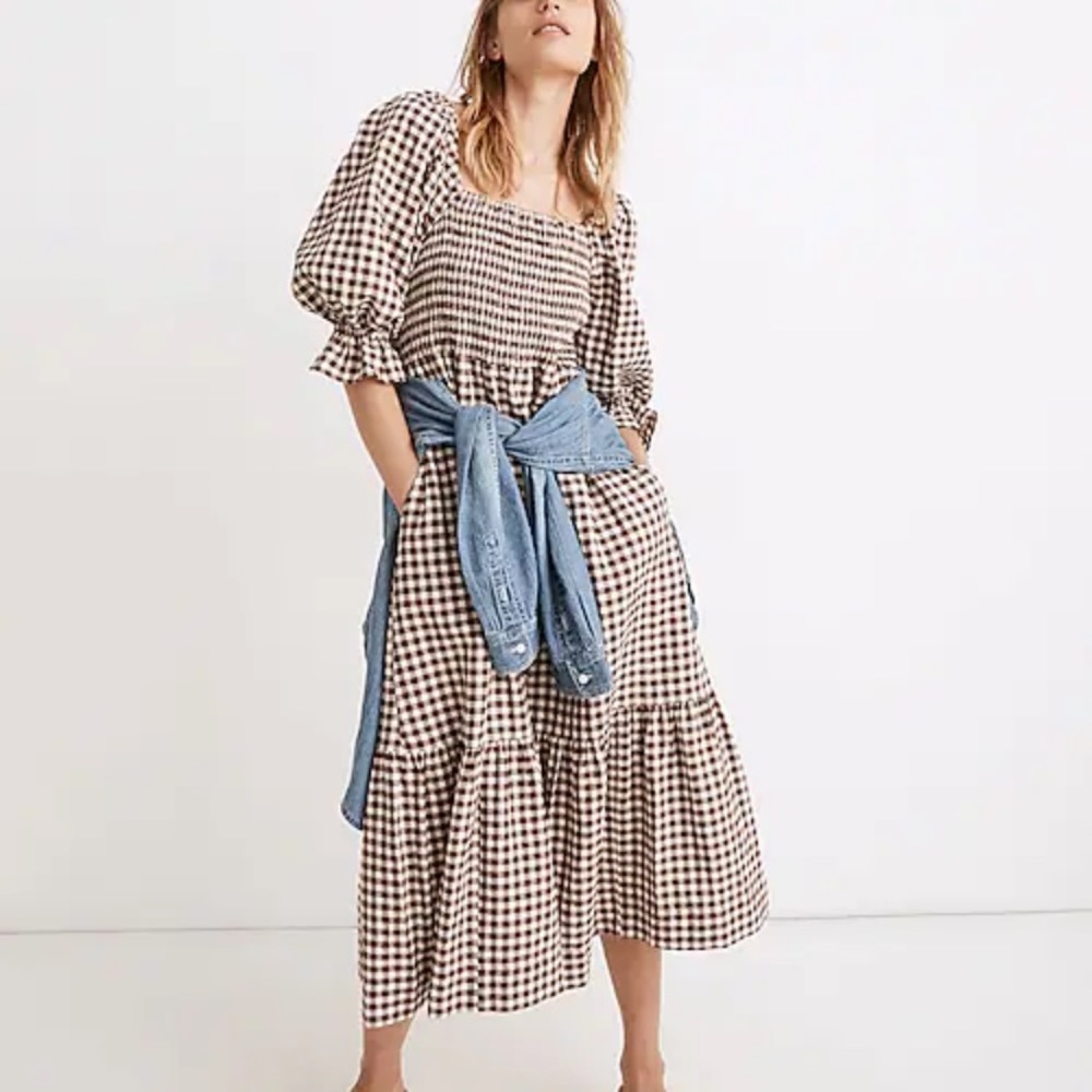 Madewell Luce Elbow-Sleeve Smocked Midi Dress in
Gingham XS